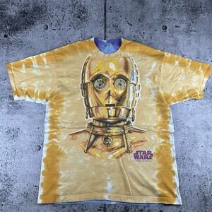 Vintage 1997 Liquid Blue Star Wars C-3PO R2D2 Rare Graphic Double Sided XL